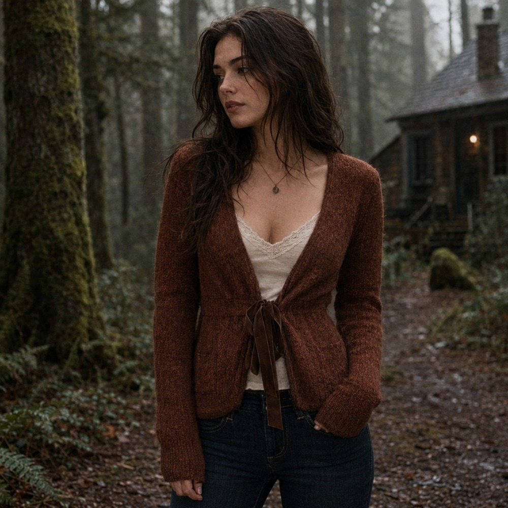 Y2K Energie M Twilight Bella Swan Earthy Brown Tie Front Knit Cardigan Sweater